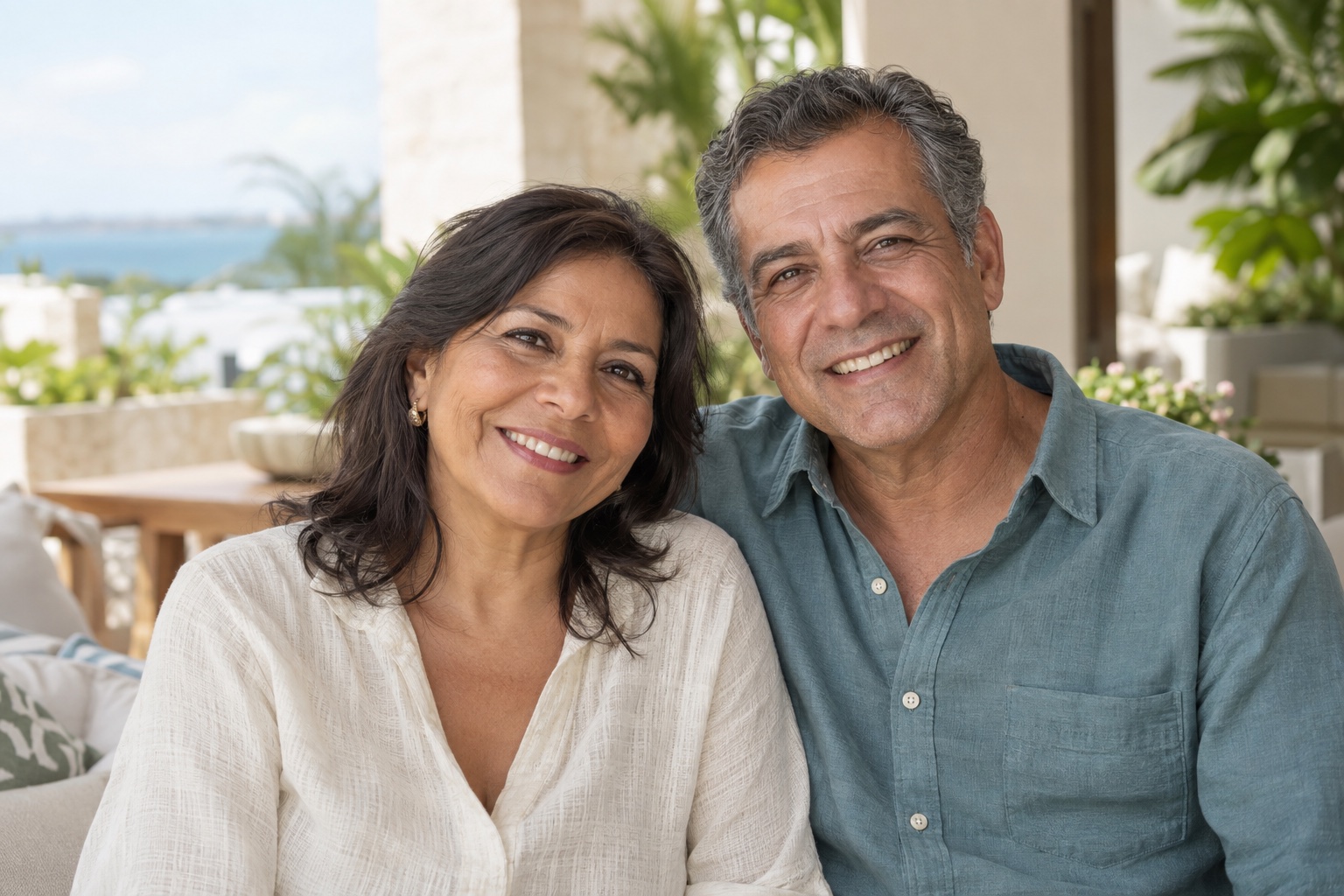 Pareja mexicana ficticia disfrutando de una sonrisa natural