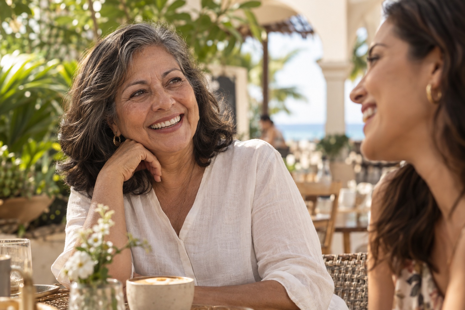 Escena ficticia de una mujer mexicana sonriendo durante una conversación familiar